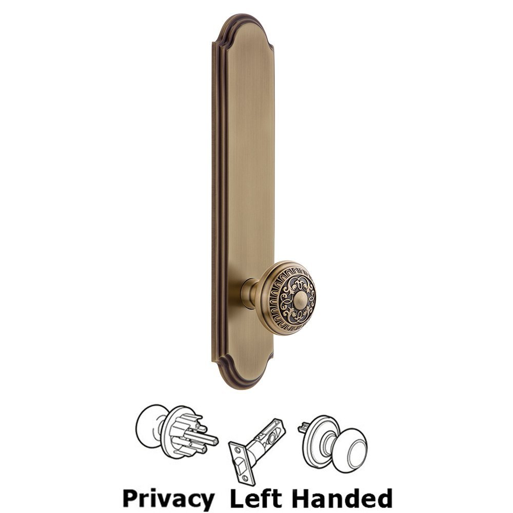 Grandeur Tall Plate Privacy with Windsor Left Handed Knob in Vintage Brass