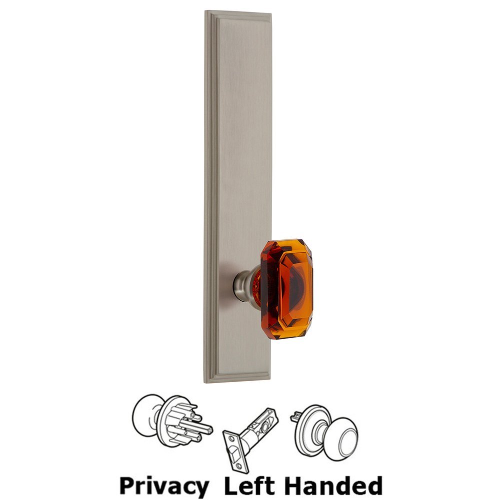Grandeur Privacy Carre Tall Plate with Baguette Amber Left Handed Knob in Satin Nickel
