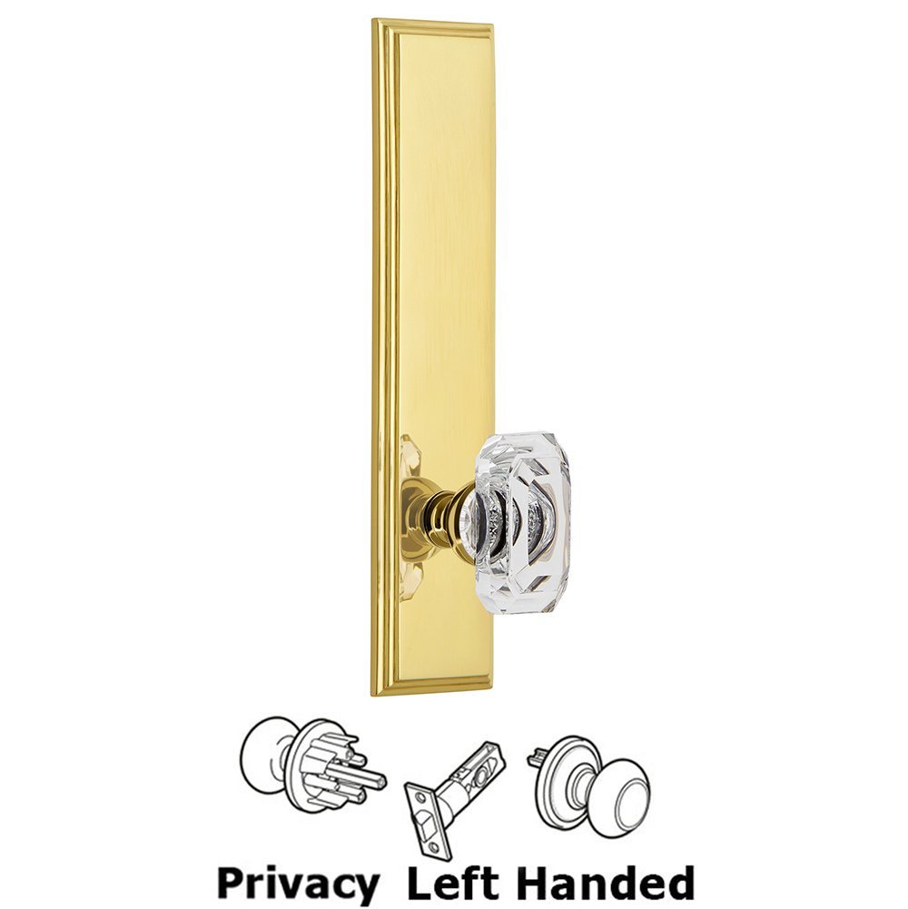 Grandeur Privacy Carre Tall Plate with Baguette Clear Crystal Left Handed Knob in Polished Brass