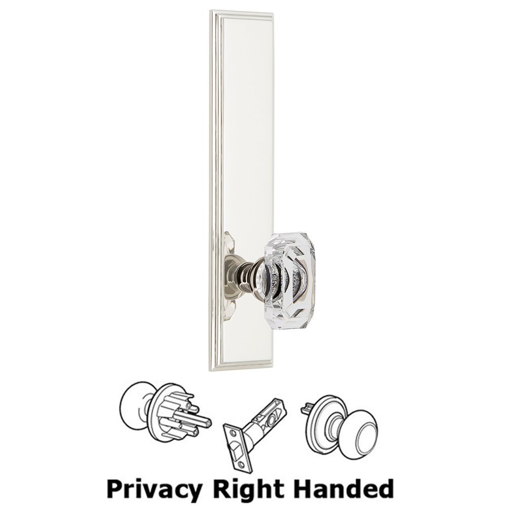 Grandeur Privacy Carre Tall Plate with Baguette Clear Crystal Right Handed Knob in Polished Nickel