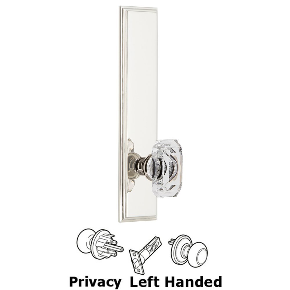 Grandeur Privacy Carre Tall Plate with Baguette Clear Crystal Left Handed Knob in Polished Nickel