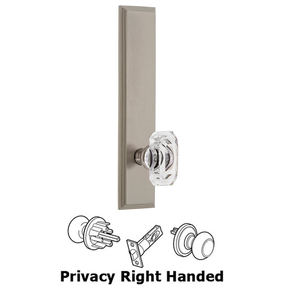 Grandeur Privacy Carre Tall Plate with Baguette Clear Crystal Right Handed Knob in Satin Nickel