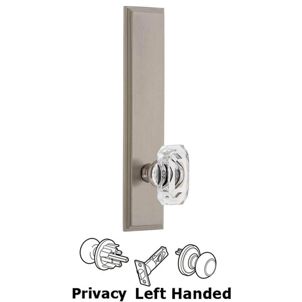 Grandeur Privacy Carre Tall Plate with Baguette Clear Crystal Left Handed Knob in Satin Nickel