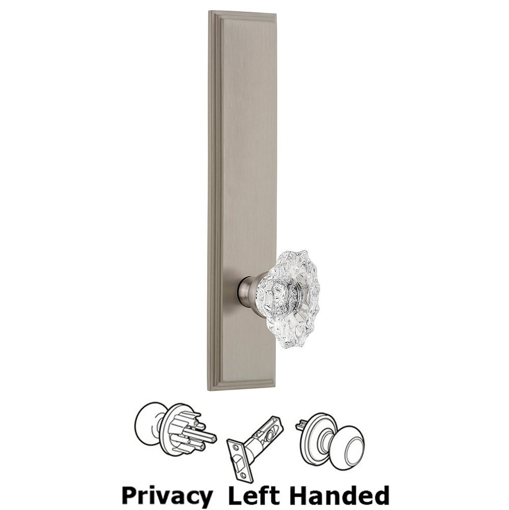 Grandeur Privacy Carre Tall Plate with Biarritz Left Handed Knob in Satin Nickel