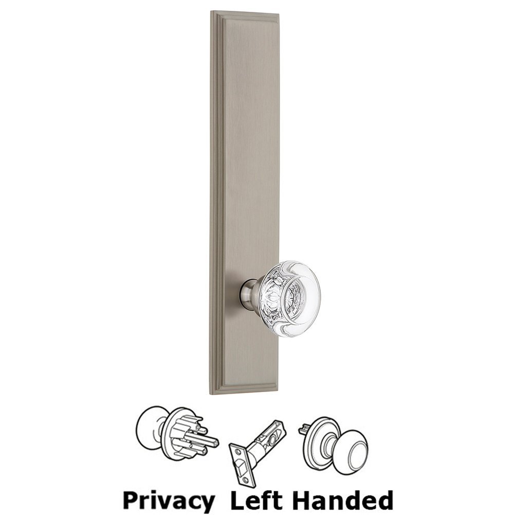 Grandeur Privacy Carre Tall Plate with Bordeaux Left Handed Knob in Satin Nickel