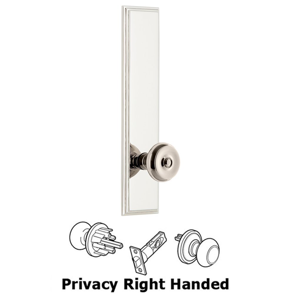 Grandeur Privacy Carre Tall Plate with Bouton Right Handed Knob in Polished Nickel