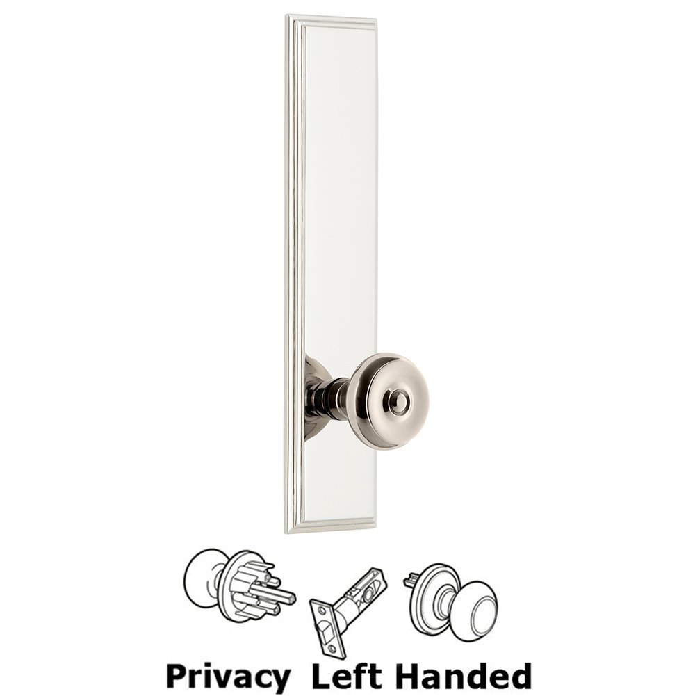 Grandeur Privacy Carre Tall Plate with Bouton Left Handed Knob in Polished Nickel