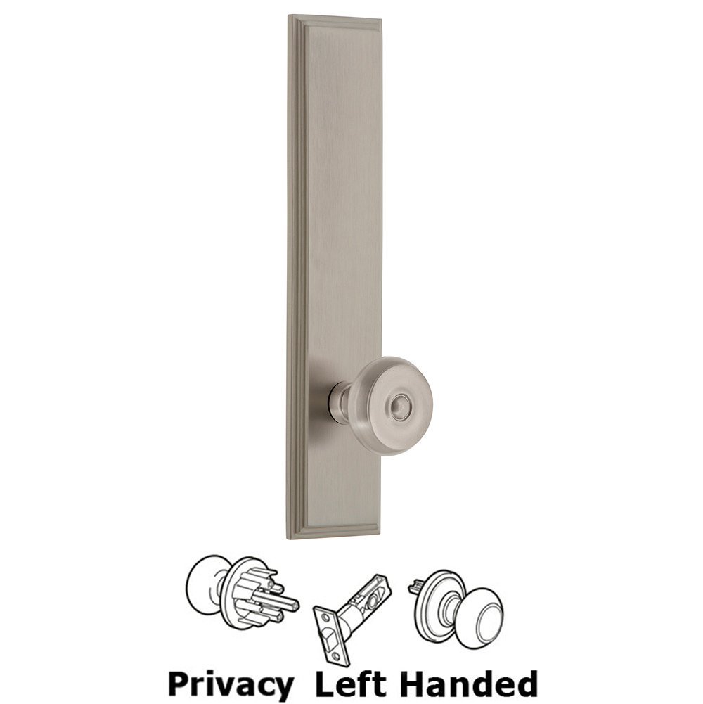 Grandeur Privacy Carre Tall Plate with Bouton Left Handed Knob in Satin Nickel