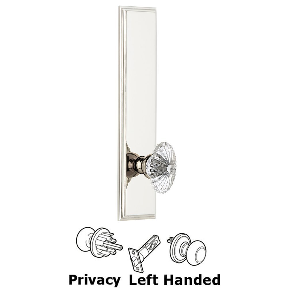 Grandeur Privacy Carre Tall Plate with Burgundy Left Handed Knob in Polished Nickel