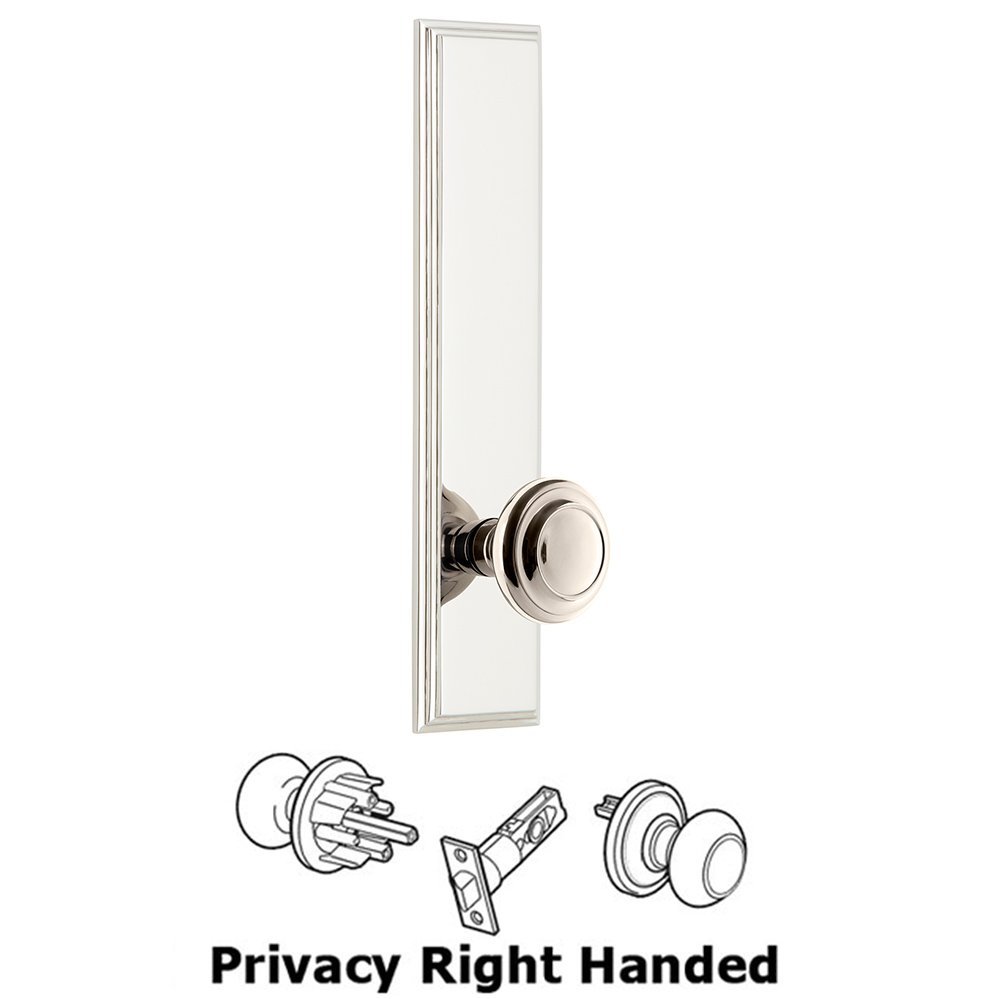Grandeur Privacy Carre Tall Plate with Circulaire Right Handed Knob in Polished Nickel