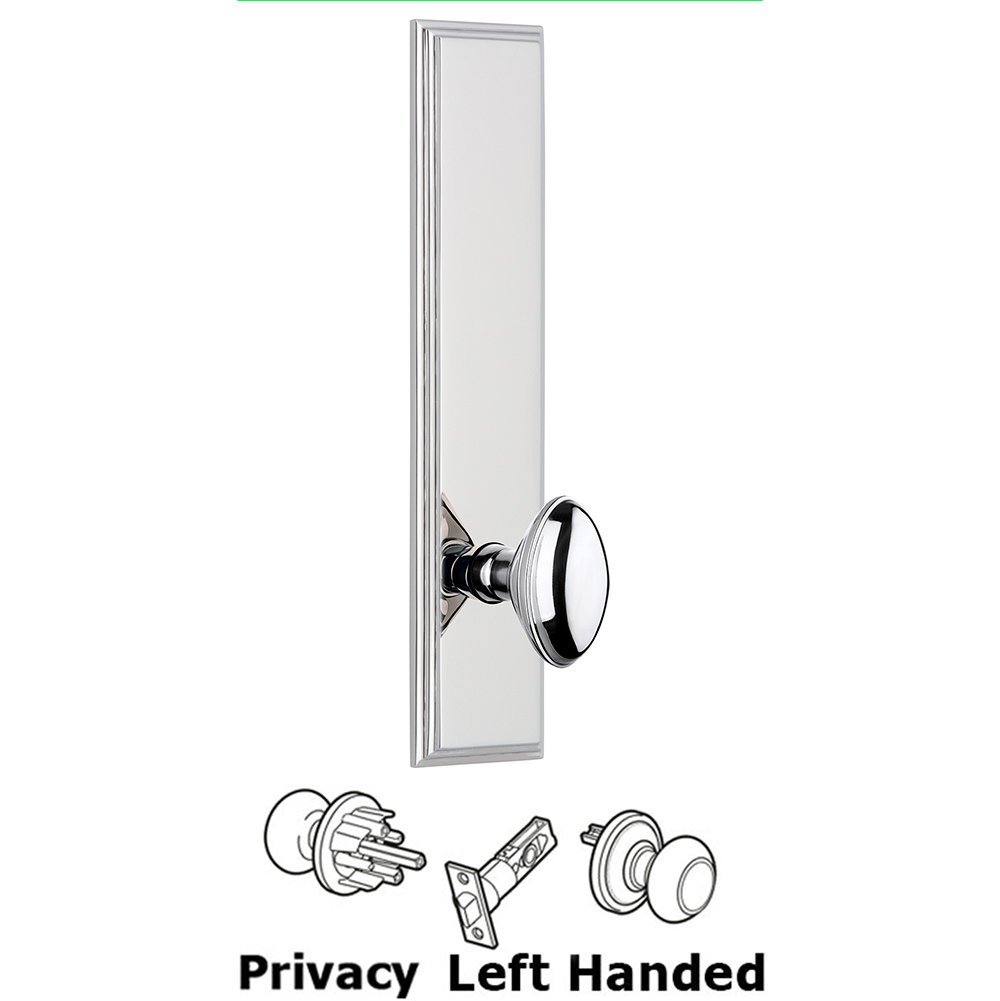 Grandeur Privacy Carre Tall Plate with Eden Prairie Left Handed Knob in Bright Chrome