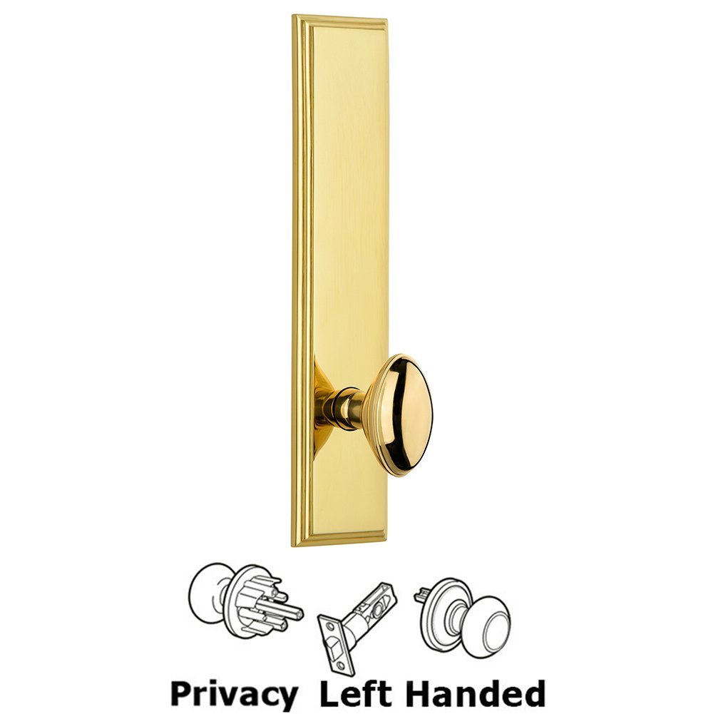 Grandeur Privacy Carre Tall Plate with Eden Prairie Left Handed Knob in Lifetime Brass