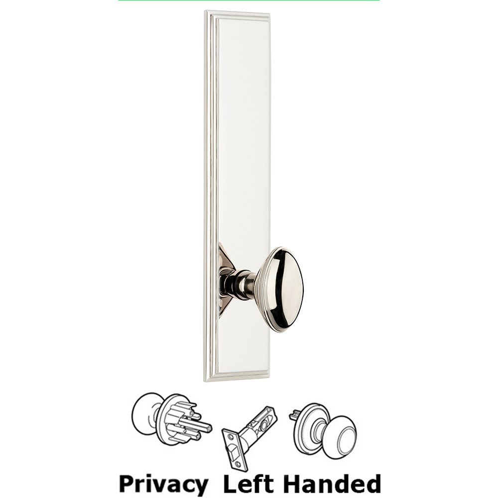 Grandeur Privacy Carre Tall Plate with Eden Prairie Left Handed Knob in Polished Nickel