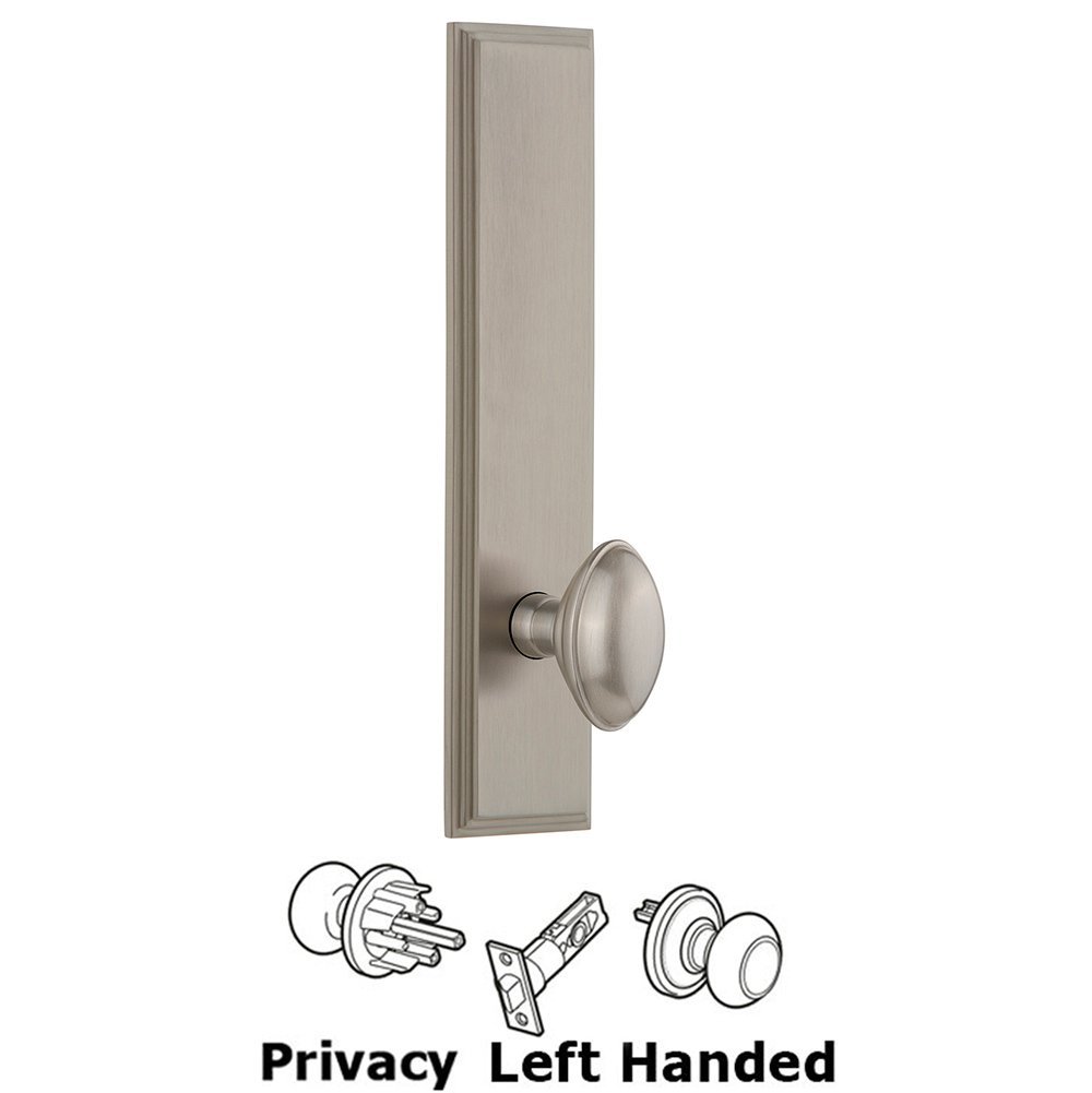 Grandeur Privacy Carre Tall Plate with Eden Prairie Left Handed Knob in Satin Nickel