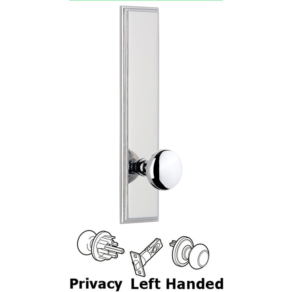 Grandeur Privacy Carre Tall Plate with Fifth Avenue Left Handed Knob in Bright Chrome