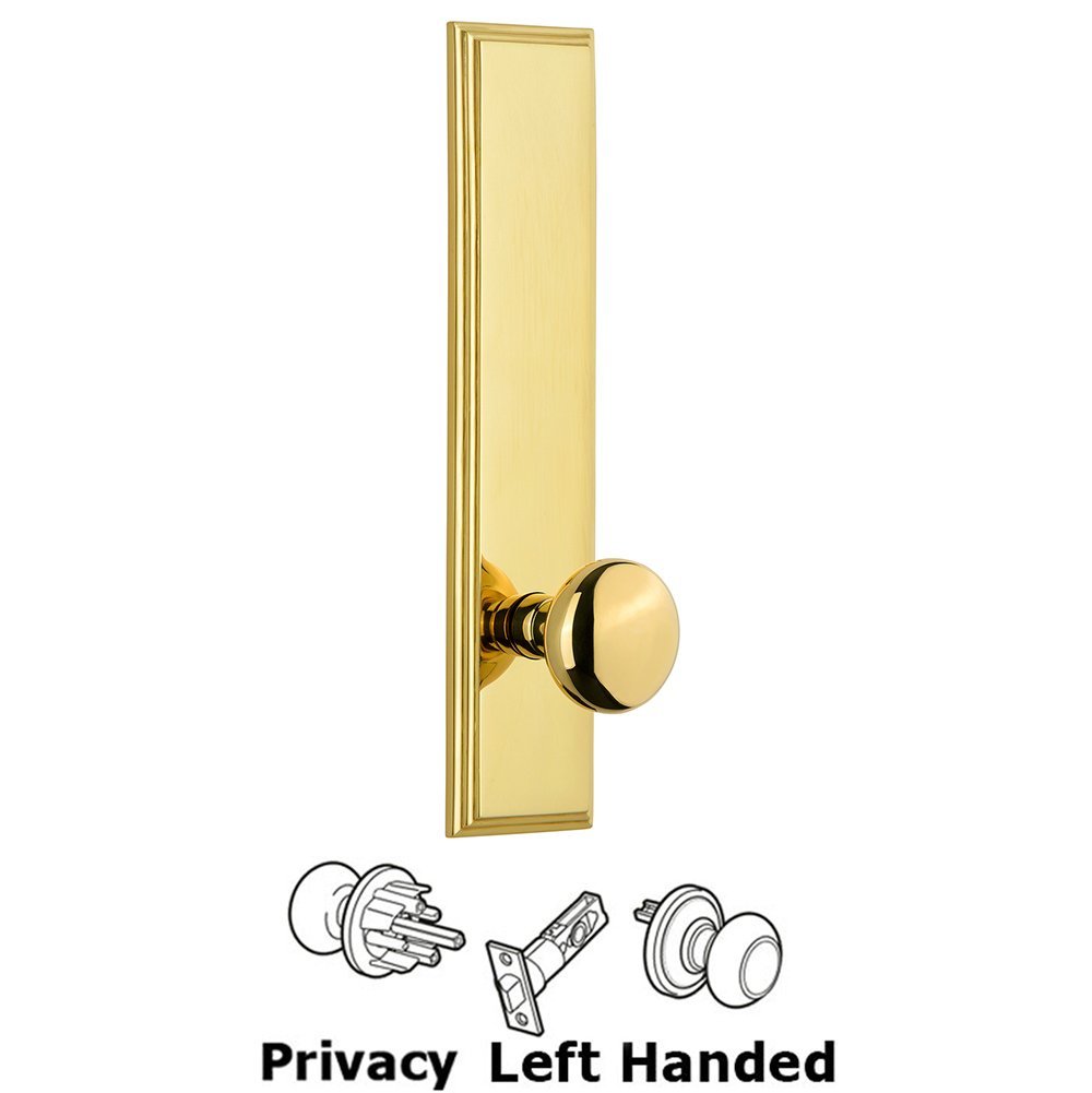 Grandeur Privacy Carre Tall Plate with Fifth Avenue Left Handed Knob in Polished Brass