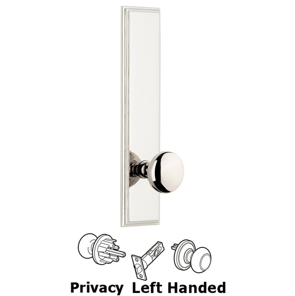 Grandeur Privacy Carre Tall Plate with Fifth Avenue Left Handed Knob in Polished Nickel