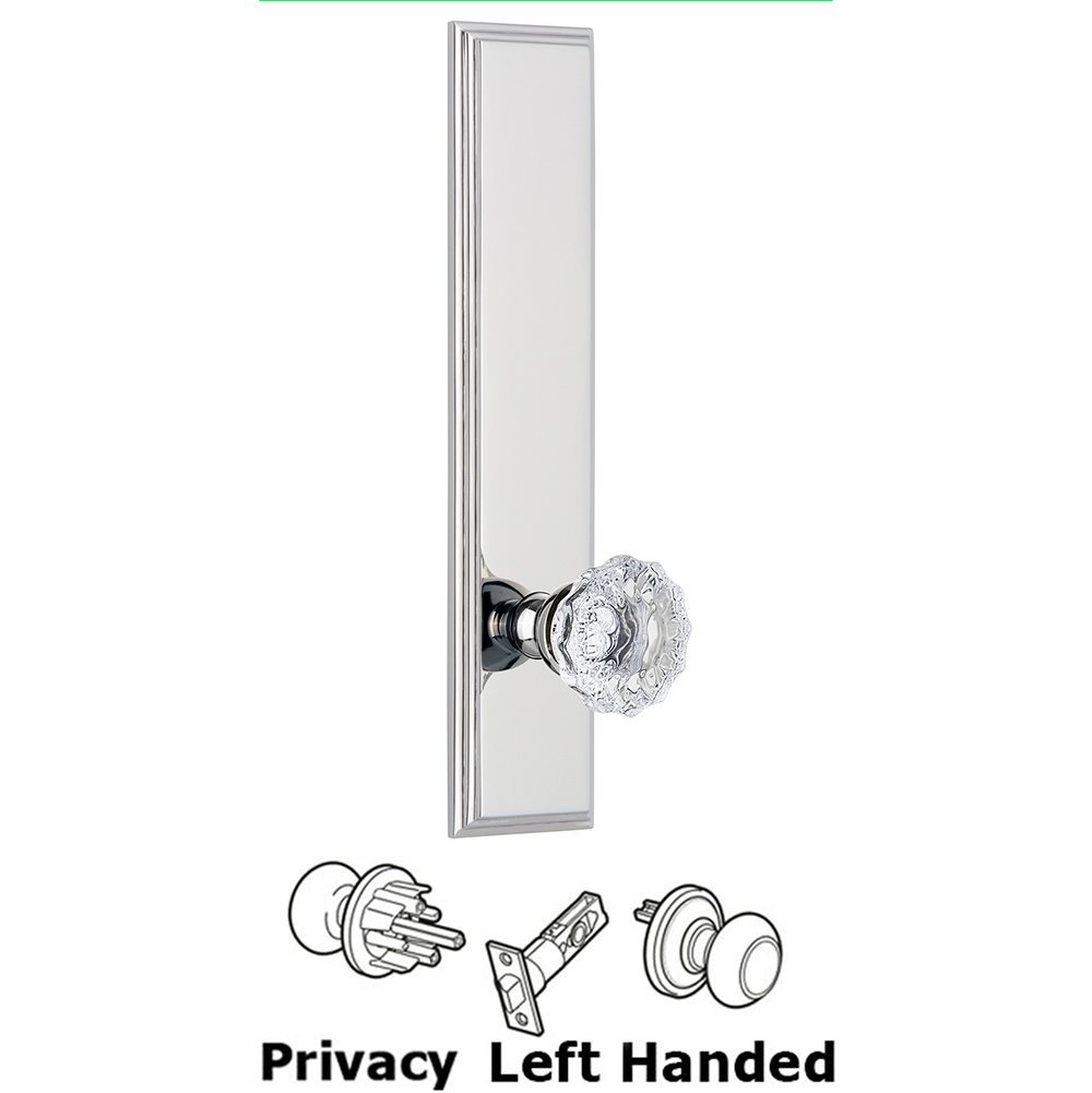 Grandeur Privacy Carre Tall Plate with Fontainebleau Left Handed Knob in Bright Chrome