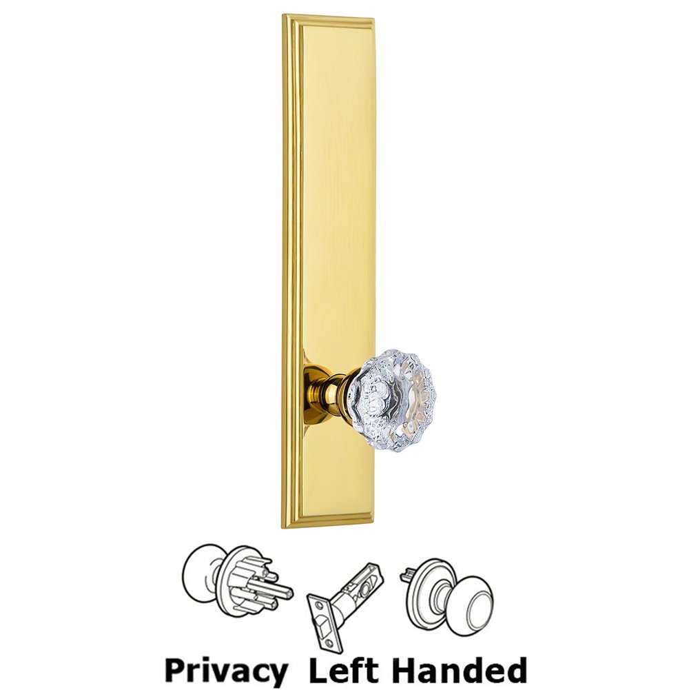 Grandeur Privacy Carre Tall Plate with Fontainebleau Left Handed Knob in Lifetime Brass