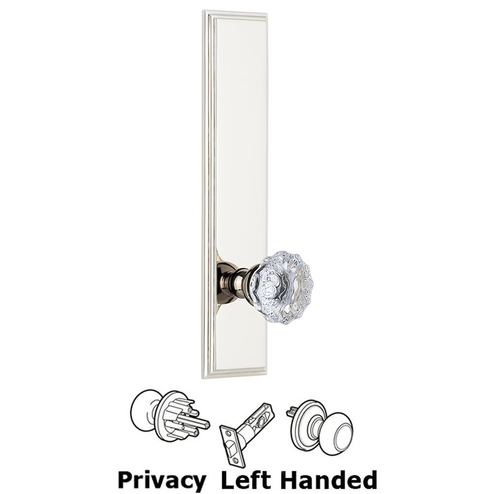 Grandeur Privacy Carre Tall Plate with Fontainebleau Left Handed Knob in Polished Nickel