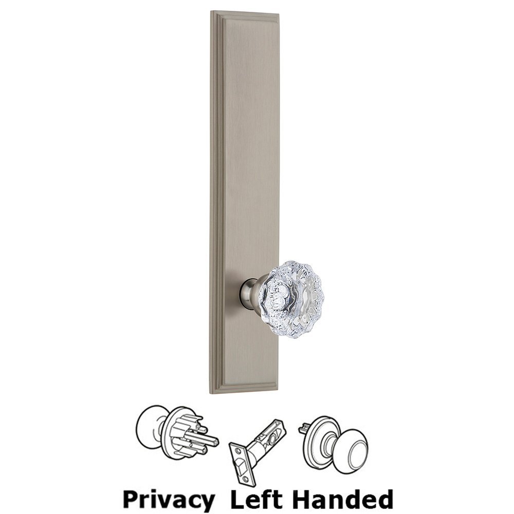 Grandeur Privacy Carre Tall Plate with Fontainebleau Left Handed Knob in Satin Nickel