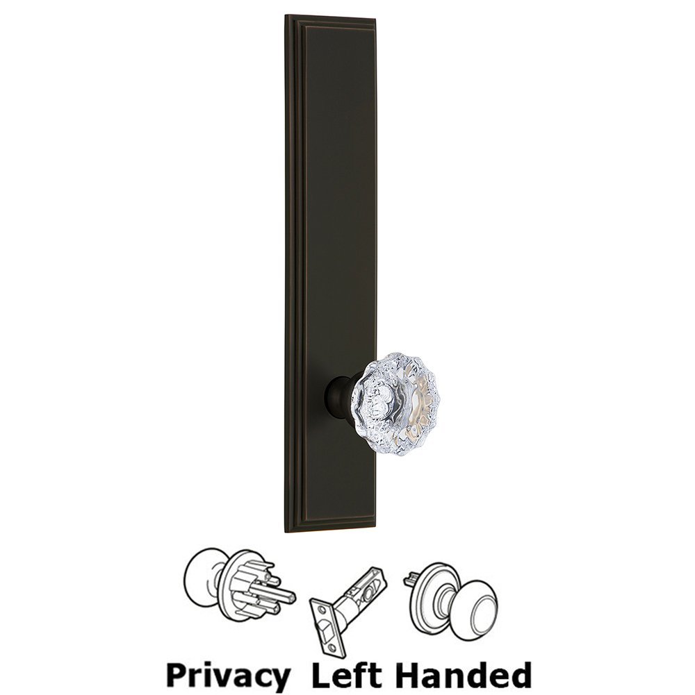 Grandeur Privacy Carre Tall Plate with Fontainebleau Left Handed Knob in Timeless Bronze