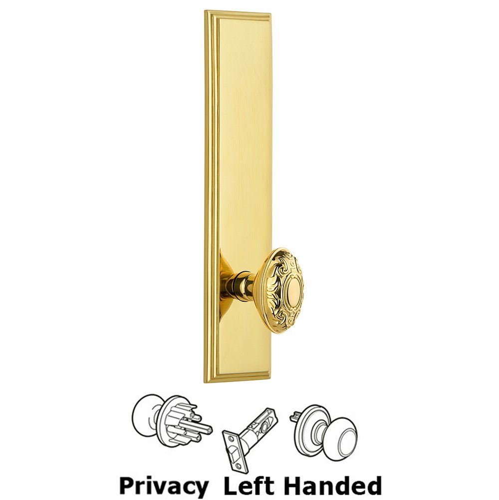 Grandeur Privacy Carre Tall Plate with Grande Victorian Left Handed Knob in Polished Brass