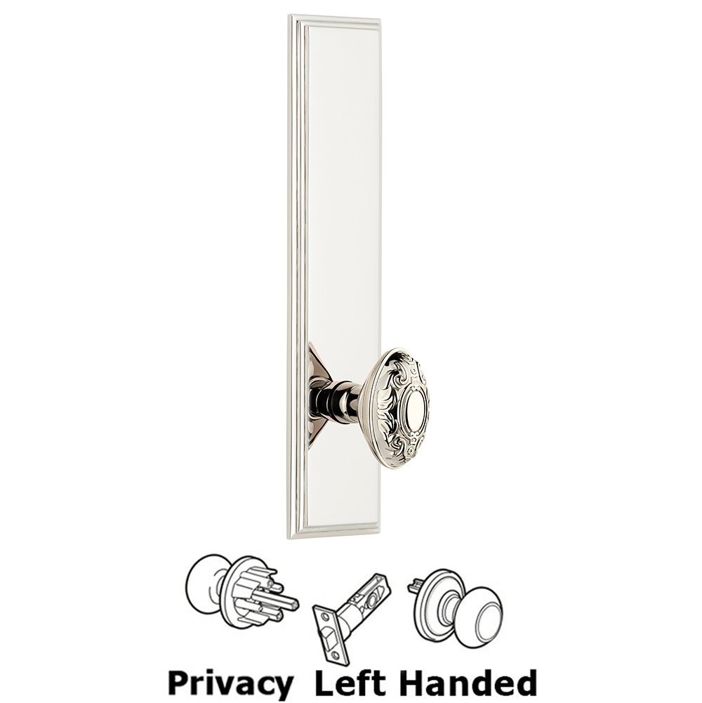 Grandeur Privacy Carre Tall Plate with Grande Victorian Left Handed Knob in Polished Nickel