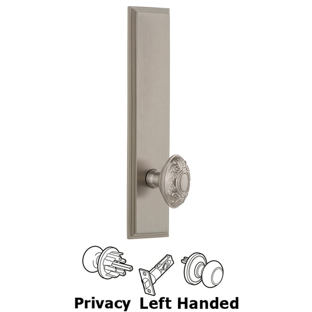 Grandeur Privacy Carre Tall Plate with Grande Victorian Left Handed Knob in Satin Nickel