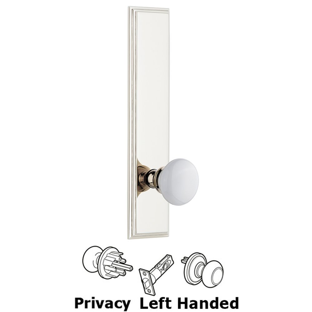 Grandeur Privacy Carre Tall Plate with Hyde Park Left Handed Knob in Polished Nickel