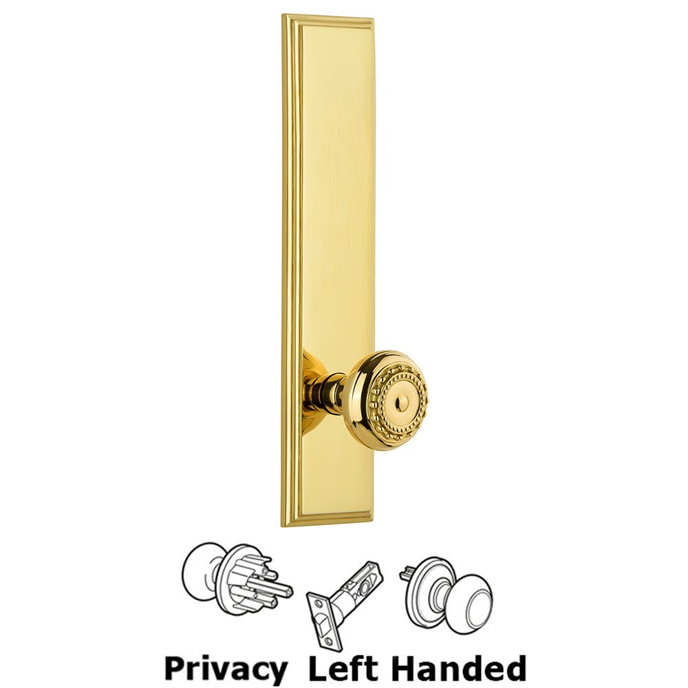 Grandeur Privacy Carre Tall Plate with Parthenon Left Handed Knob in Polished Brass
