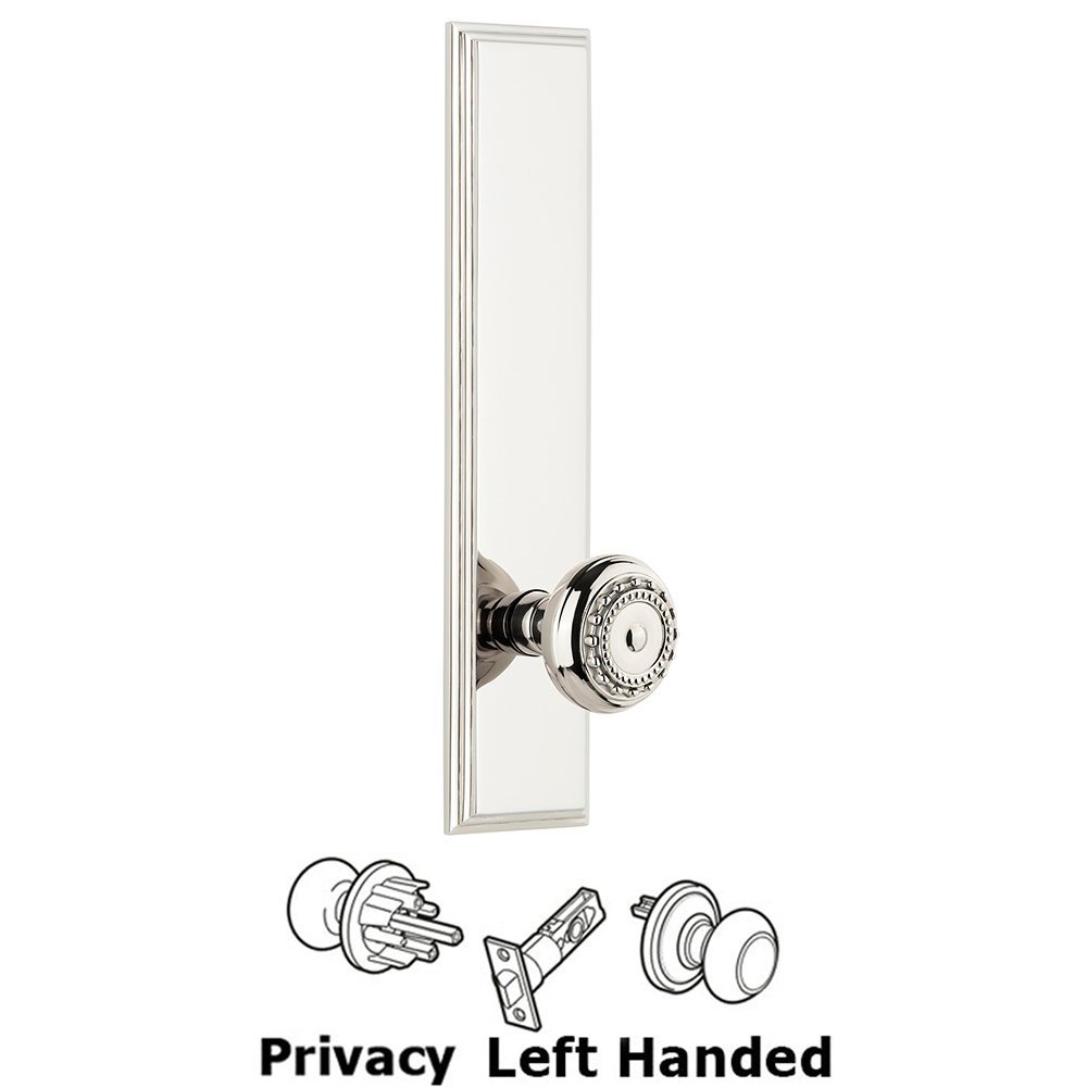 Grandeur Privacy Carre Tall Plate with Parthenon Left Handed Knob in Polished Nickel