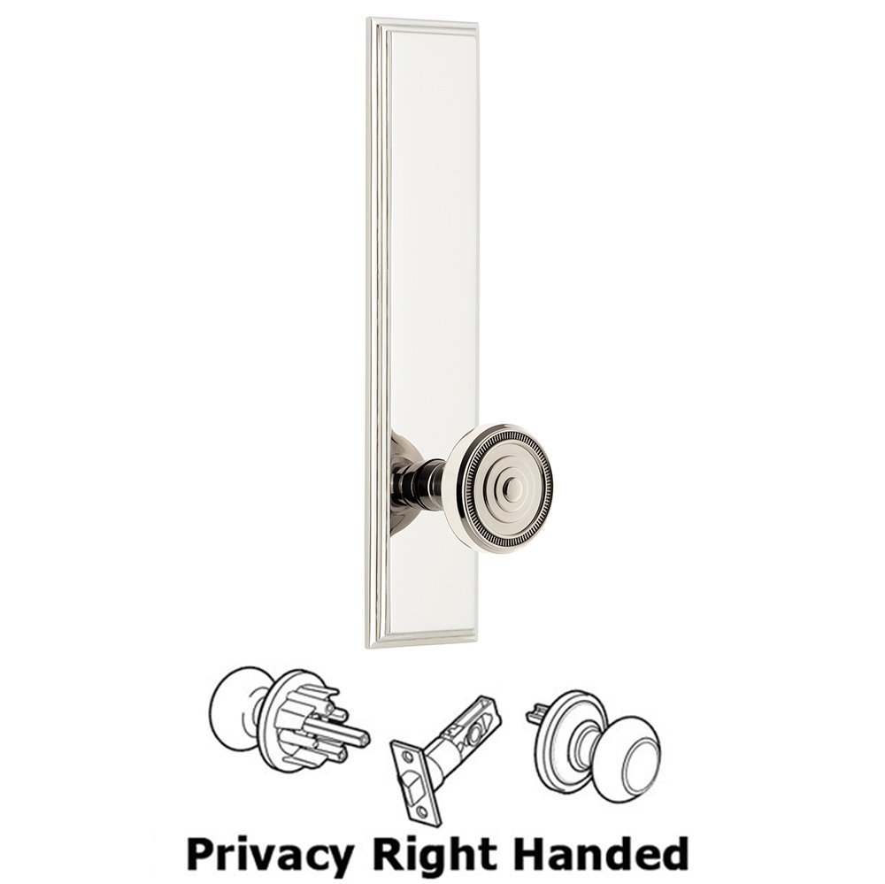 Grandeur Privacy Carre Tall Plate with Soleil Right Handed Knob in Polished Nickel