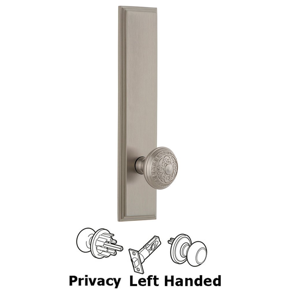 Grandeur Privacy Carre Tall Plate with Windsor Left Handed Knob in Satin Nickel