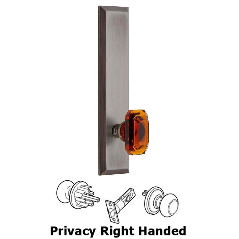 Grandeur Privacy Fifth Avenue Tall Plate with Baguette Amber Right Handed Knob in Antique Pewter