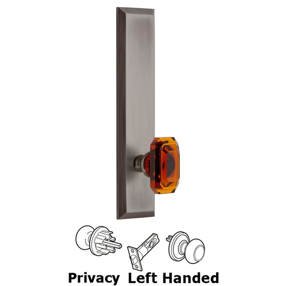 Grandeur Privacy Fifth Avenue Tall Plate with Baguette Amber Left Handed Knob in Antique Pewter