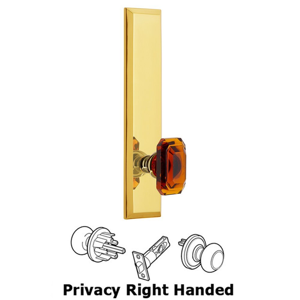 Grandeur Privacy Fifth Avenue Tall Plate with Baguette Amber Right Handed Knob in Lifetime Brass