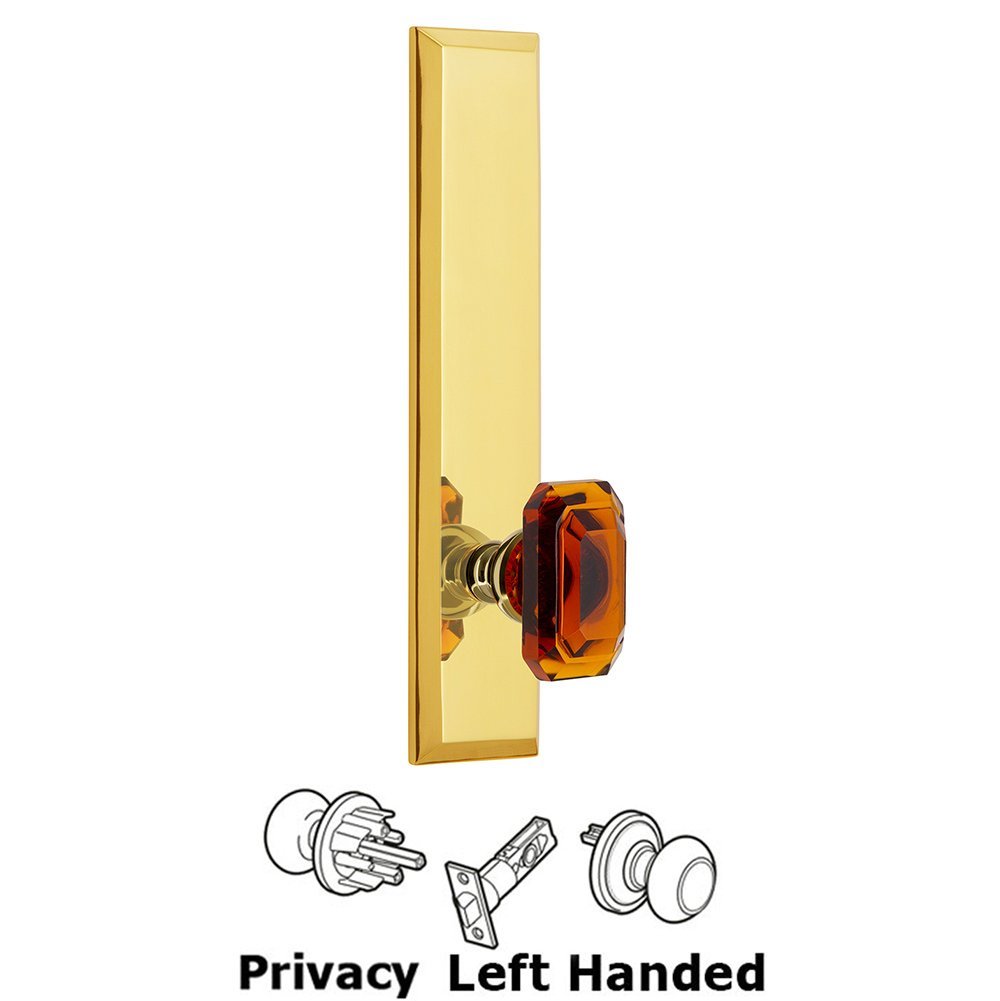 Grandeur Privacy Fifth Avenue Tall Plate with Baguette Amber Left Handed Knob in Polished Brass