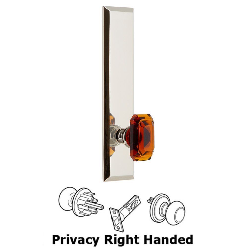 Grandeur Privacy Fifth Avenue Tall Plate with Baguette Amber Right Handed Knob in Polished Nickel