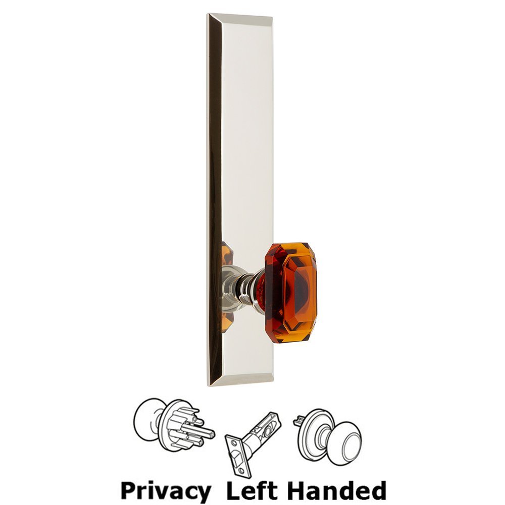 Grandeur Privacy Fifth Avenue Tall Plate with Baguette Amber Left Handed Knob in Polished Nickel