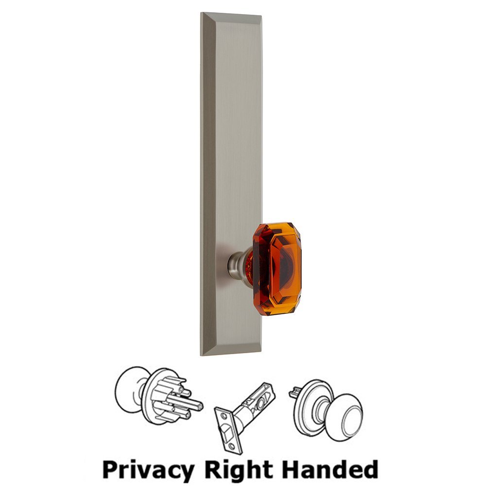 Grandeur Privacy Fifth Avenue Tall Plate with Baguette Amber Right Handed Knob in Satin Nickel