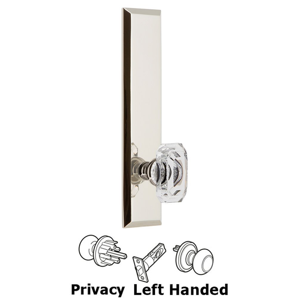 Grandeur Privacy Fifth Avenue Tall Plate with Baguette Clear Crystal Left Handed Knob in Polished Nickel
