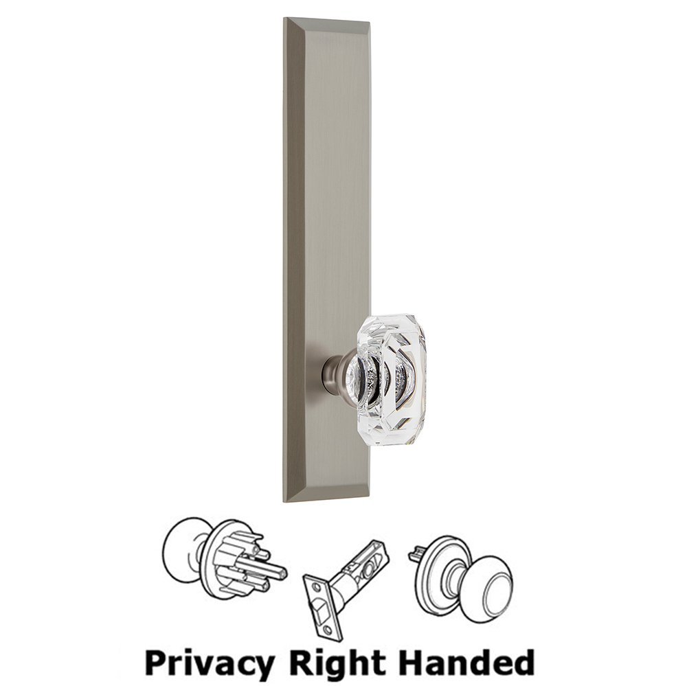 Grandeur Privacy Fifth Avenue Tall Plate with Baguette Clear Crystal Right Handed Knob in Satin Nickel