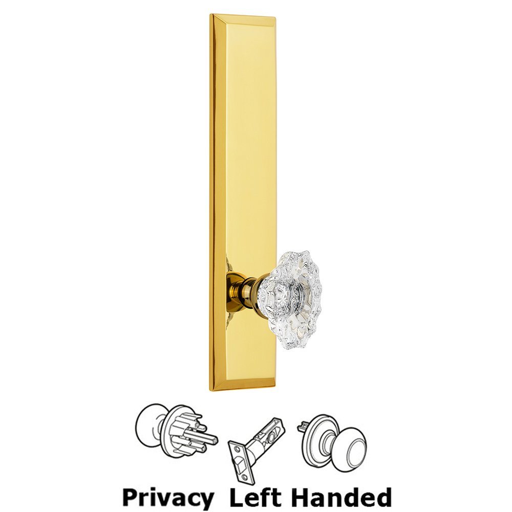 Grandeur Privacy Fifth Avenue Tall Plate with Biarritz Left Handed Knob in Polished Brass
