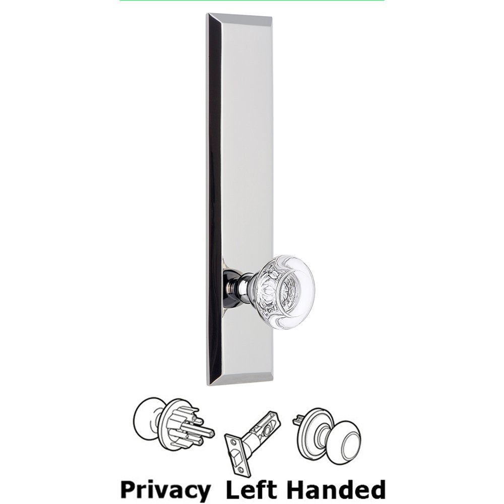 Grandeur Privacy Fifth Avenue Tall Plate with Bordeaux Left Handed Knob in Bright Chrome
