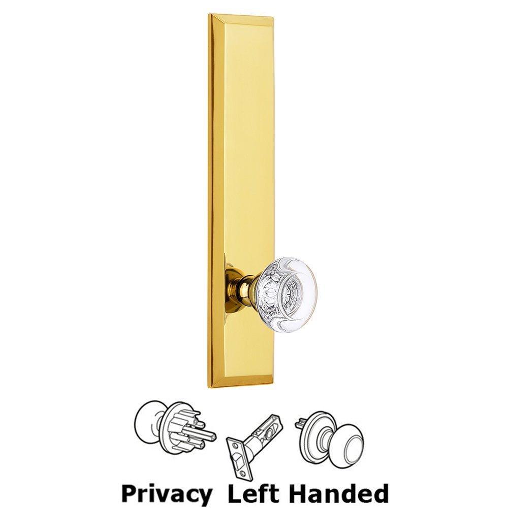 Grandeur Privacy Fifth Avenue Tall Plate with Bordeaux Left Handed Knob in Lifetime Brass