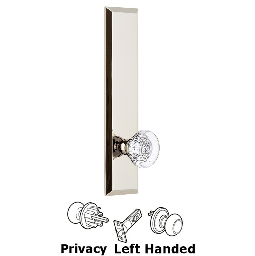Grandeur Privacy Fifth Avenue Tall Plate with Bordeaux Left Handed Knob in Polished Nickel