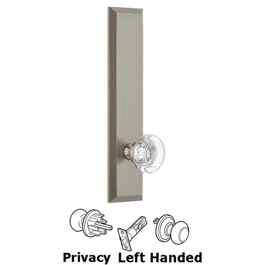 Grandeur Privacy Fifth Avenue Tall Plate with Bordeaux Left Handed Knob in Satin Nickel