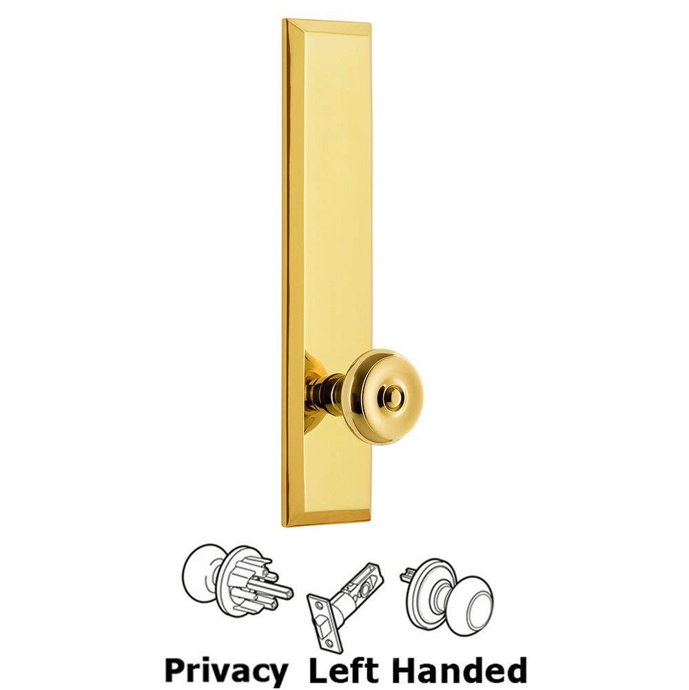 Grandeur Privacy Fifth Avenue Tall Plate with Bouton Left Handed Knob in Lifetime Brass