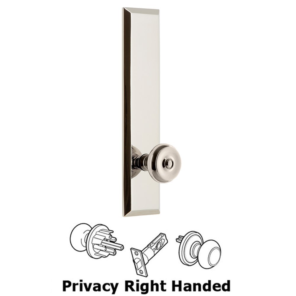 Grandeur Privacy Fifth Avenue Tall Plate with Bouton Right Handed Knob in Polished Nickel